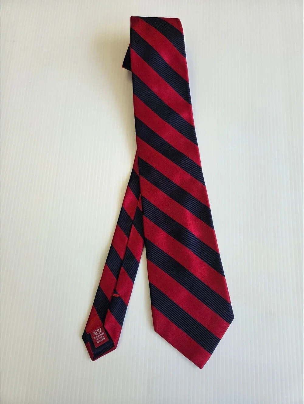 Chaps Men's Silk Tie Red and Navy Blue Striped Hand Made in China